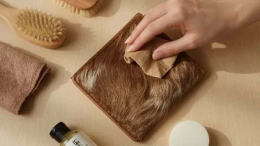 Hair-on-hide cowhide wallet with natural grain texture placed on wooden table