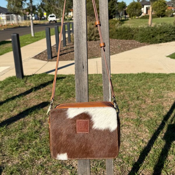 Box style designer crossbody bag for women in cowhide