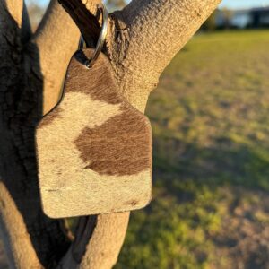 Cattle Tag Cowhide Keyring Tan & White