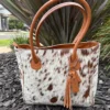 Genuine cowhide leather tote handbag with shoulder straps
