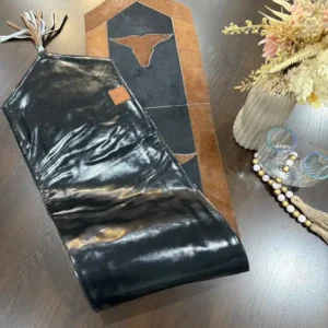 Cowhide bullhead table runner with bullhead patch, having leather fringes