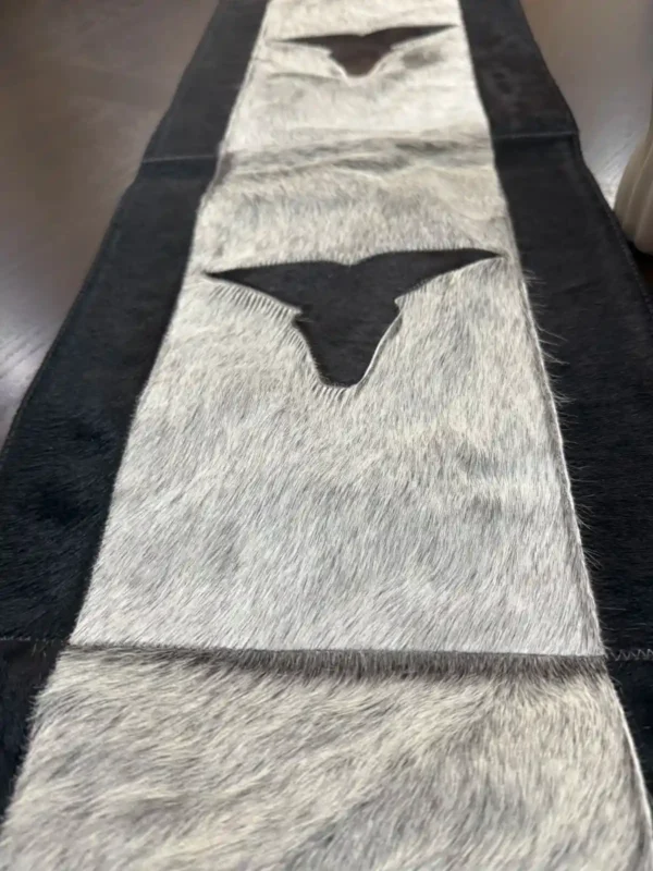 Cowhide bullhead table runner with bullhead patch, having leather fringes - Image 2