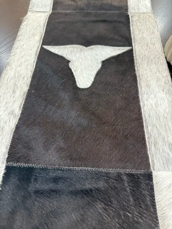 Cowhide Leather table runner with bull head leather patch, having leather fringes - Image 3