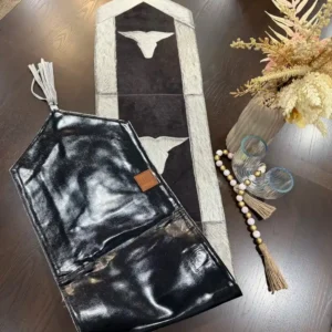 Cowhide Leather table runner with bull head leather patch, having leather fringe